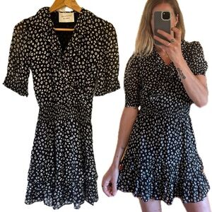 Black White Polka Micro Dot Leopard Print Ruffle Puff Sleeve Mini Boho Dress